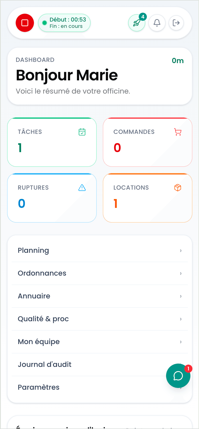 Tableau de bord PharmaWorkspace sur mobile